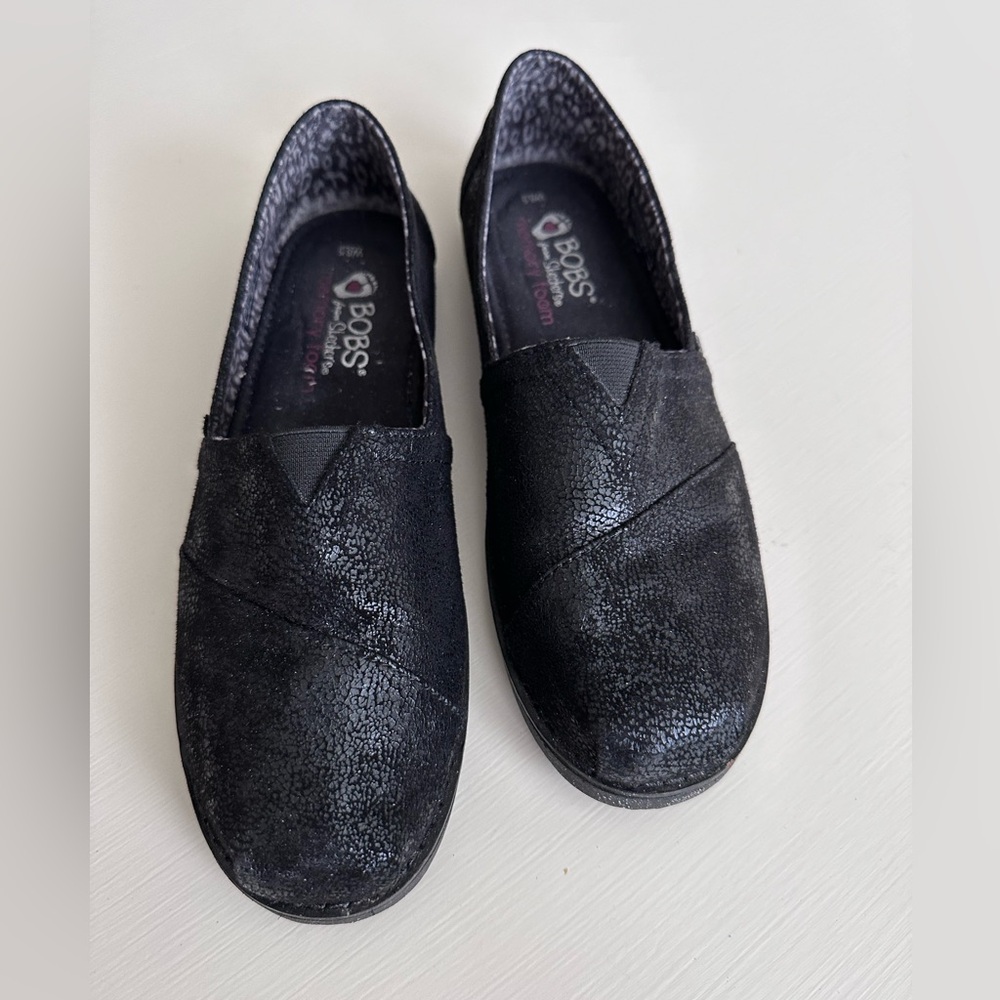Black leather type suede bobs memory foam by sketchers shoes